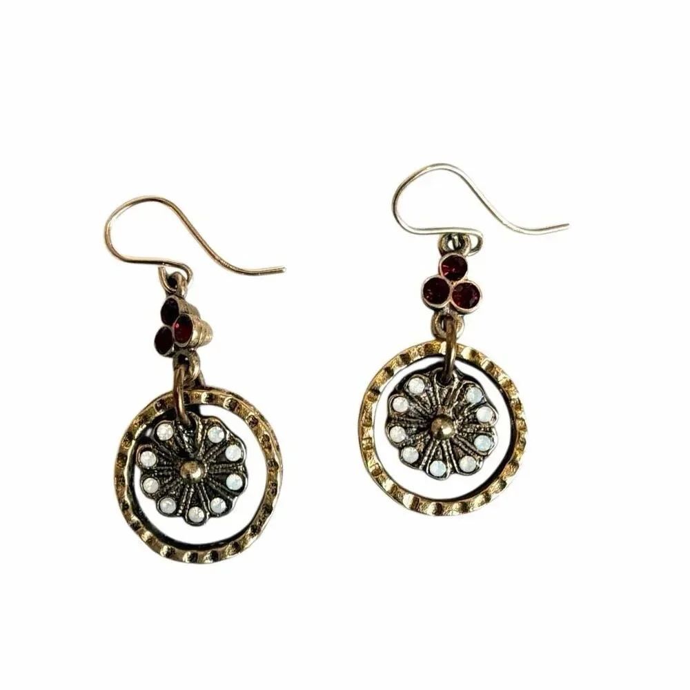 Vintage Mixed Metal Floral Rhinestone Earrings Boho Dangle Earrings Red Crystal